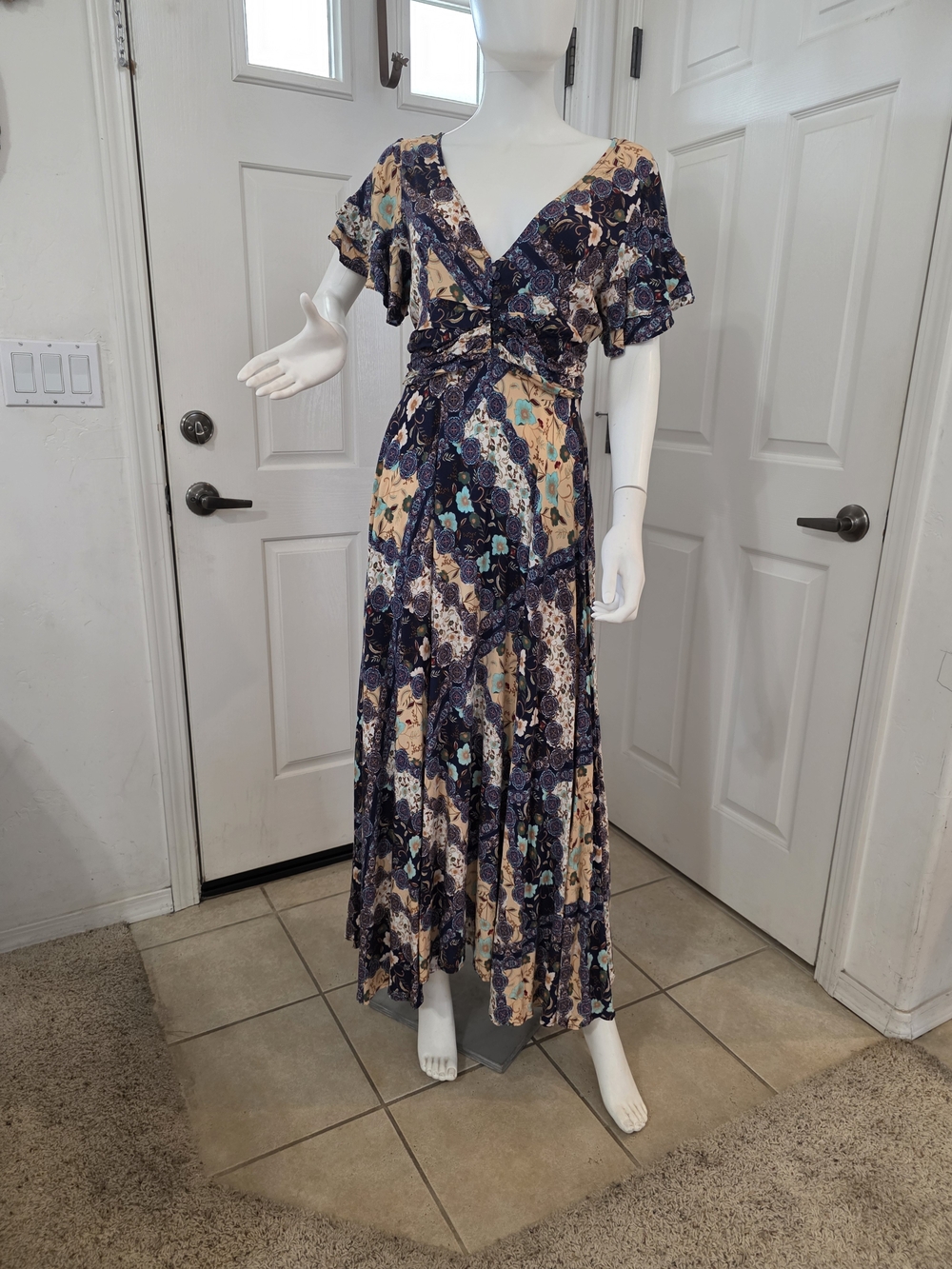 Abel The Label Navy and Cream Floral Maxi Dress with Ruffle Sleeves